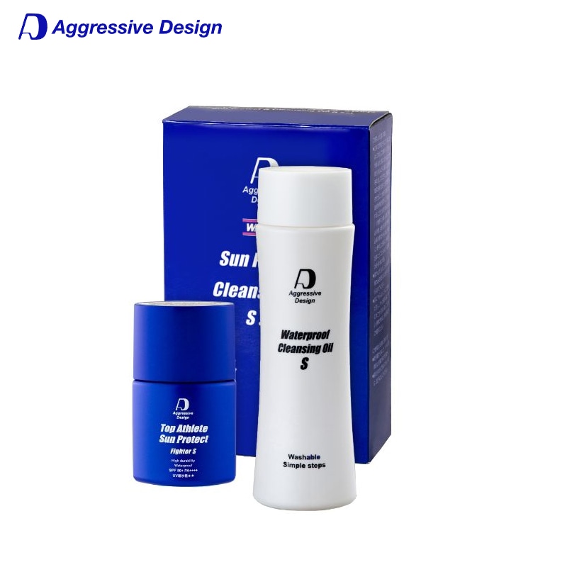 「汗に強く塗り直し不要なスポーツ用日焼け止め《Fighter》」 Aggressive Design Sun Protect & Cleansing Oil S Set サンプロテクト&クレンジング オイルSセットの商品アップ画像。夏ライドに絶対必要な汗に強い日焼け止め」